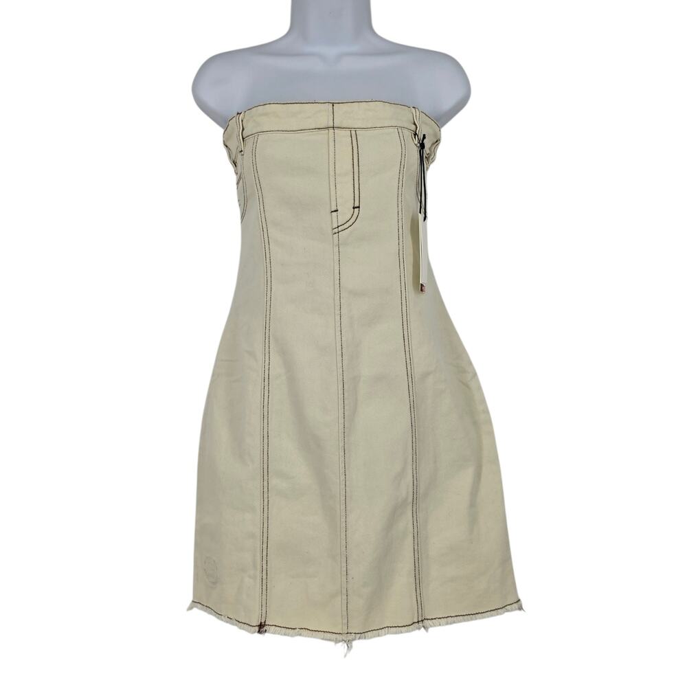 NWT Honor The Gift Bone Ivory Denim Raw Hem Strapless Mini Tube Dress Size S